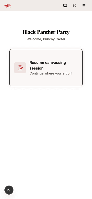 Home screen showing Resume canvassing session card